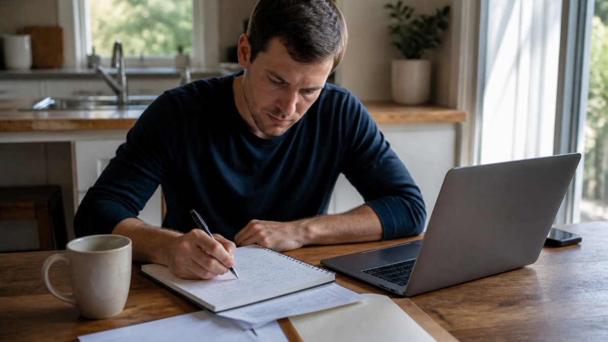 Infographic showing the budget planning process to start a business while working from a home kitchen table